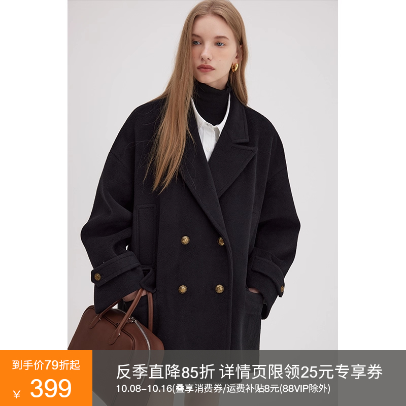 范洛休闲宽松金属双排扣毛呢外套