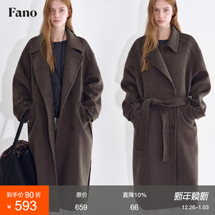 范洛Fano 质感row风杂色40绵羊毛混纺宽门襟设计厚实保暖呢大衣女
