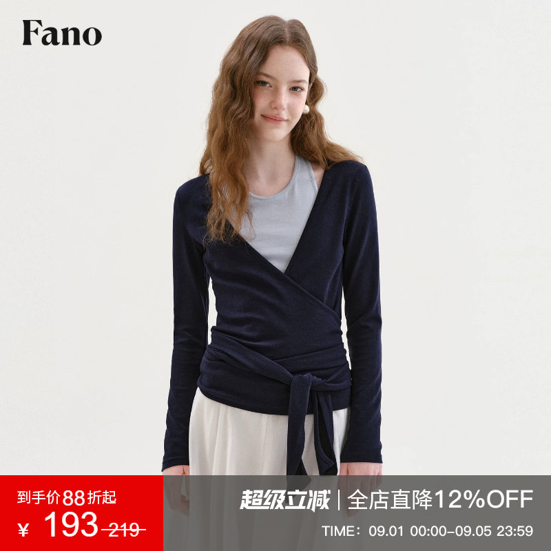 范洛Fano 温柔慵懒感撞色假两件女2026秋新款交叉绑带修身长袖T恤图片