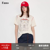 范洛Fano 复古手绘感插画印花轻薄肌理感雪花棉撞色短袖 t恤上衣夏