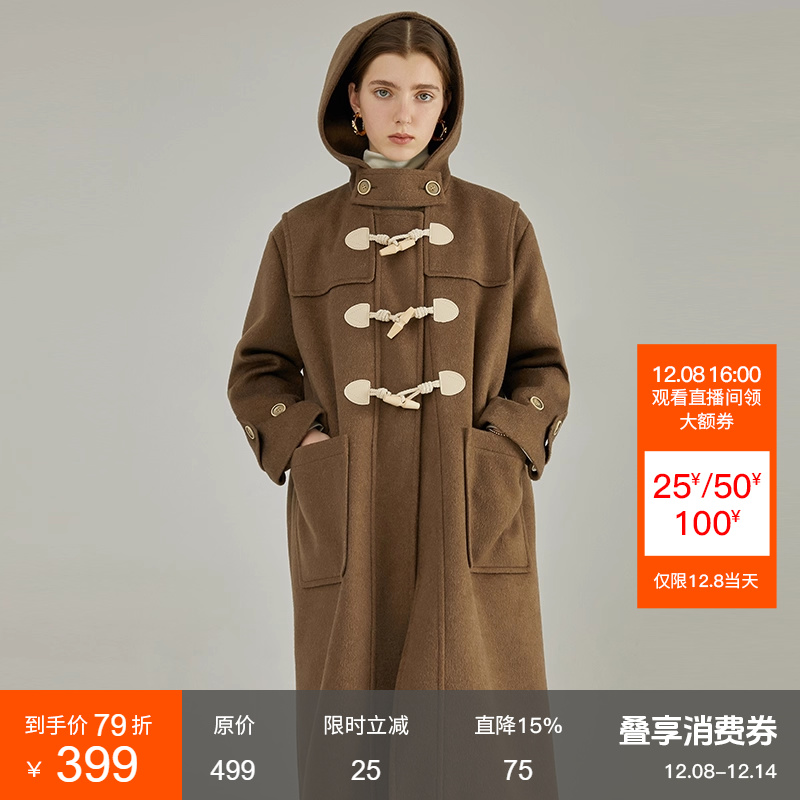 范洛连帽牛角扣学院风毛呢大衣