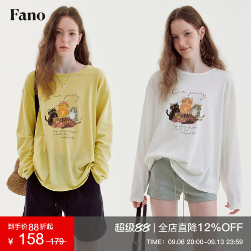 范洛Fano 复古油画风印花长袖T恤女2026秋季新款圆领落肩宽松上衣
