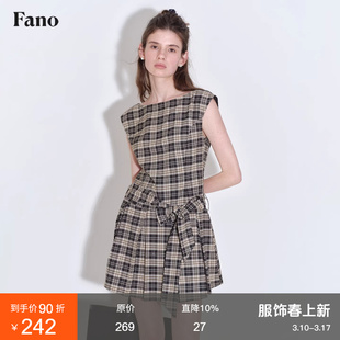 范洛Fano 设计感船领复古格纹造型感宽腰带短款连衣裙女夏高级感