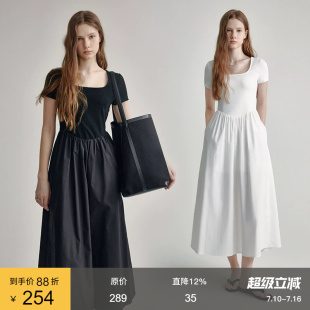 范洛黑色方领短袖连衣裙女2026夏季赫本风高腰显瘦针梭织拼接裙子