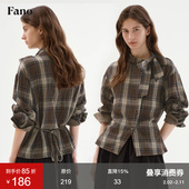 范洛Fano 100棉格纹衬衫 女2026春异形扣蝴蝶结系带设计感小众上衣