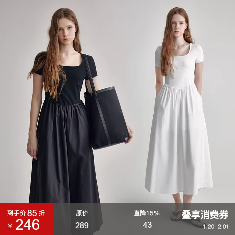 范洛黑色方领短袖连衣裙女2025夏季赫本风高腰显瘦针梭织拼接裙子,女装/女士精品,连衣裙,淘宝优惠券,粉丝福利购,淘宝优惠卷