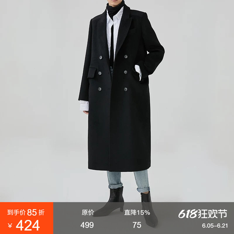 范洛Fano 黑色西装领毛呢大衣女冬季双排扣中长款赫本风呢子外套