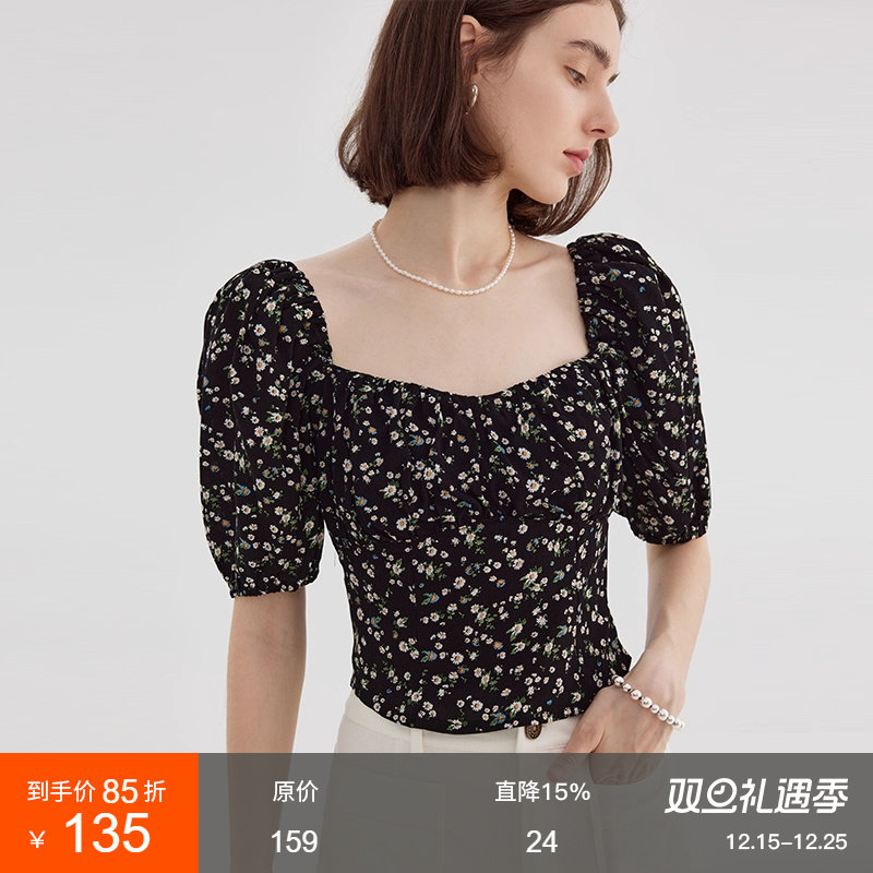 范洛显瘦泡泡袖方领碎花短袖上衣