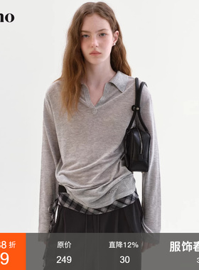 范洛Fano 松弛感POLO领套头针织衫女2026春新款镂空提花长袖上衣