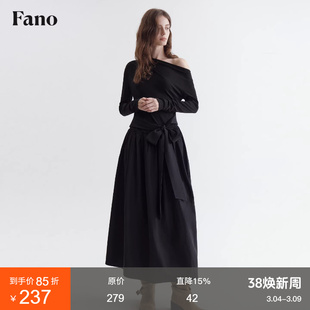 范洛Fano 清冷系收腰连衣裙女春季拼接设计感黑色斜肩系带裙子