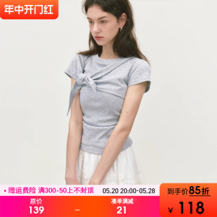 新款 百搭显瘦弹力针织短袖 女2024夏季 范洛扭结蝴蝶结绑带短袖 上衣