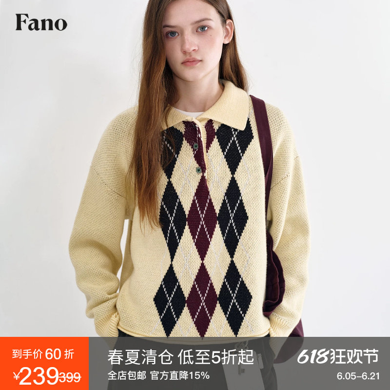 范洛Fano 复古学院风奶黄色菱格Polo领卷边宽松针织衫毛衣女上衣