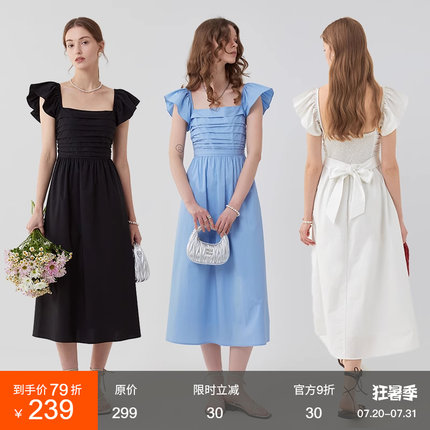 范洛2025夏季新款法式方领荷叶边连衣裙女设计感收腰高级感长裙子