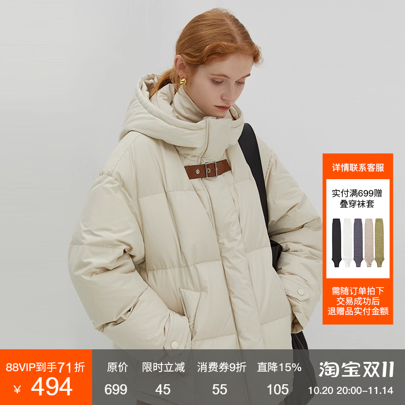 范洛复古连帽皮袢扣短款羽绒服