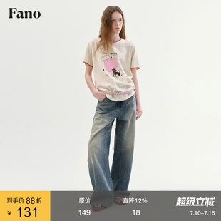 范洛Fano 100棉松弛感撞色绣花T恤女2026秋新款印花短袖圆领上衣