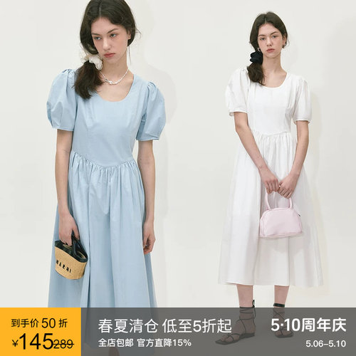 范洛复古泡泡袖U领收腰连衣裙