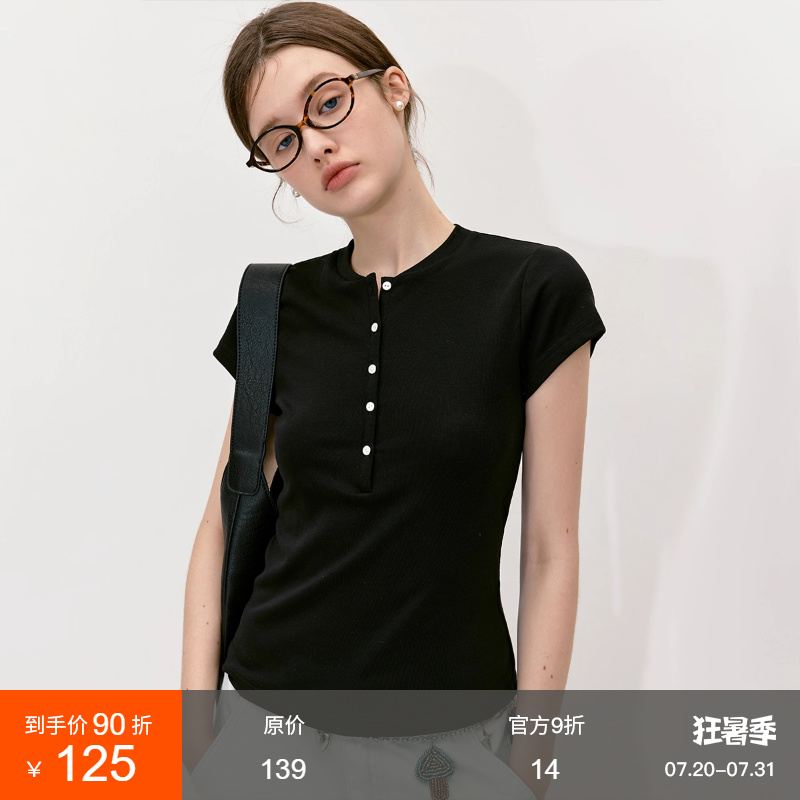 范洛半门襟复古修身百搭短袖T恤