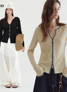 范洛Fano V领高级感格纹撞色T恤2026春拼接镂空针织修身长袖上衣