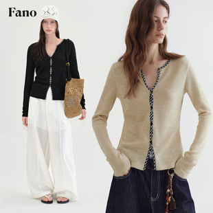 范洛Fano V领高级感格纹撞色T恤2026春拼接镂空针织修身长袖上衣