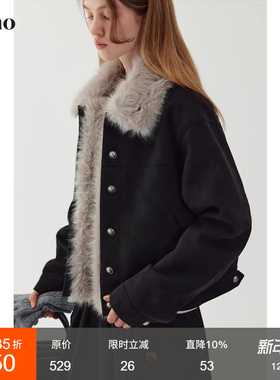 范洛Fano 复古加厚麂皮短外套2026春季设计可拆卸毛领棉服夹克女