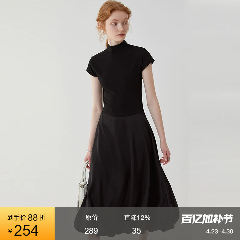 范洛2026夏季新款黑色高级小众半高领T恤拼接缎面光泽感连衣裙女