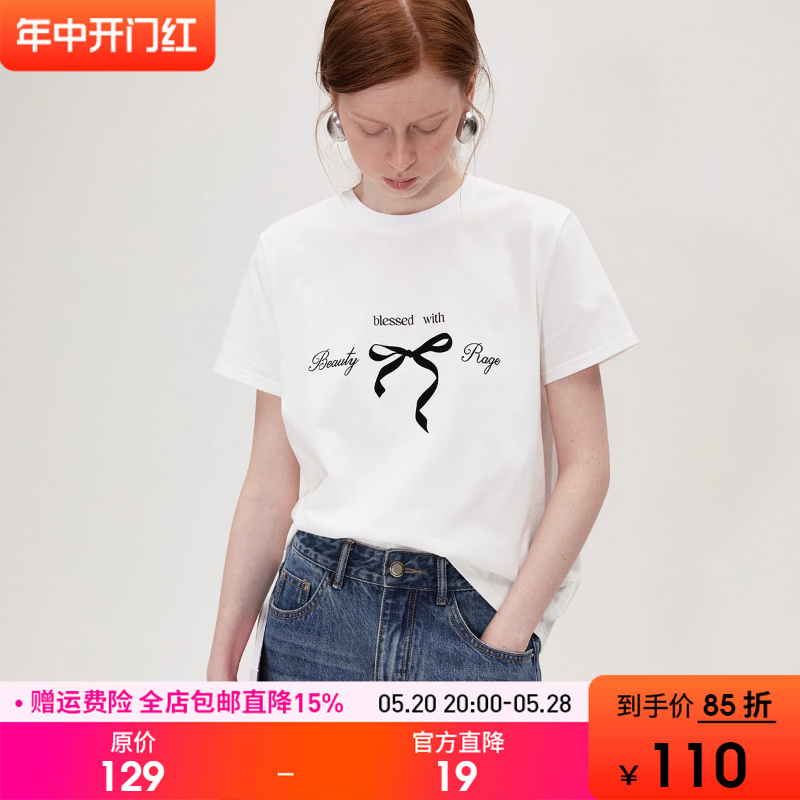 范洛经典百搭T恤女2024夏季新款精致显瘦蝴蝶结印花基础款上衣-封面