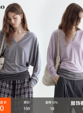 范洛Fano 春新款天丝宽松v领拼接撞色不对称长袖t恤女设计感上衣