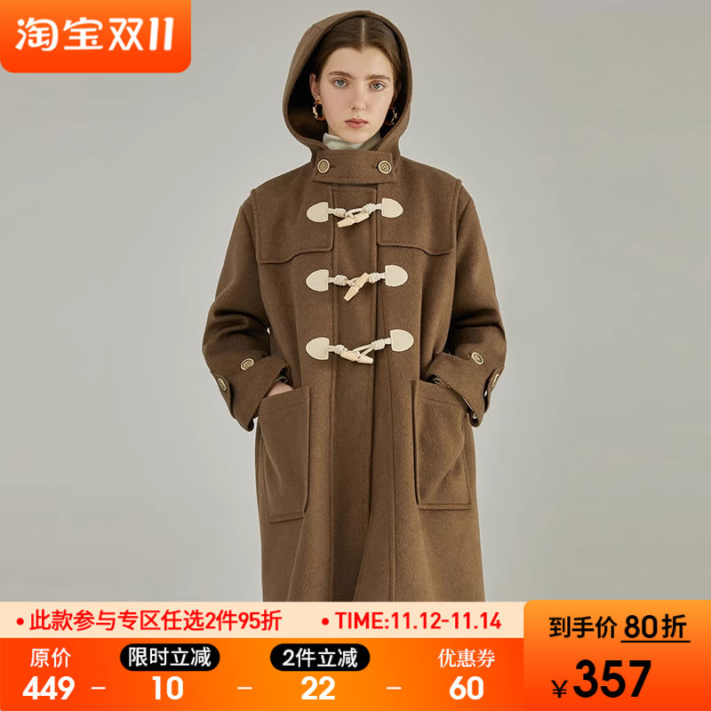 范洛2023冬美拉德加厚学院风连帽牛角扣毛呢大衣中长款呢