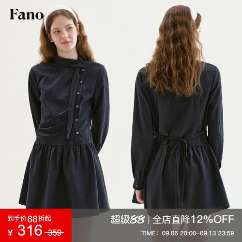 范洛Fano 法式设计感长袖连衣裙女2026秋新款斜扣飘带领收腰短裙