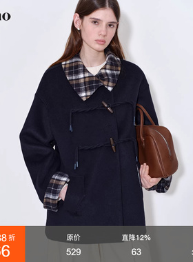 范洛Fano 复古漫调格纹拼接叠翻领定制牛角扣学院感短款毛呢外套