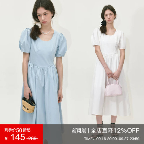 范洛复古泡泡袖U领收腰连衣裙