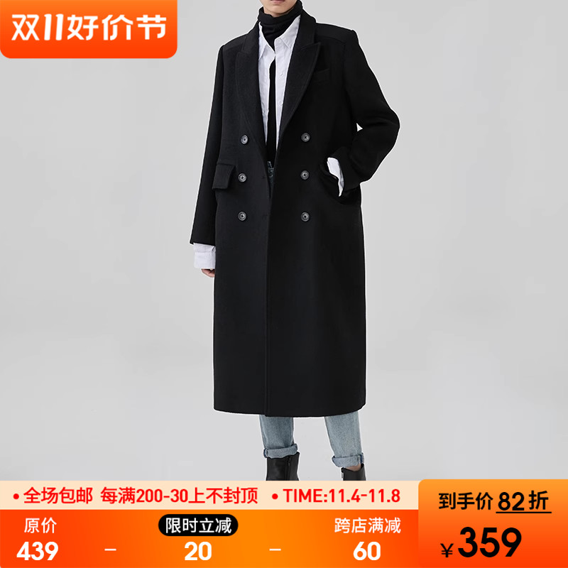 范洛2023冬季双排扣宽松西装呢子毛呢大衣女中长款黑色赫本风外套
