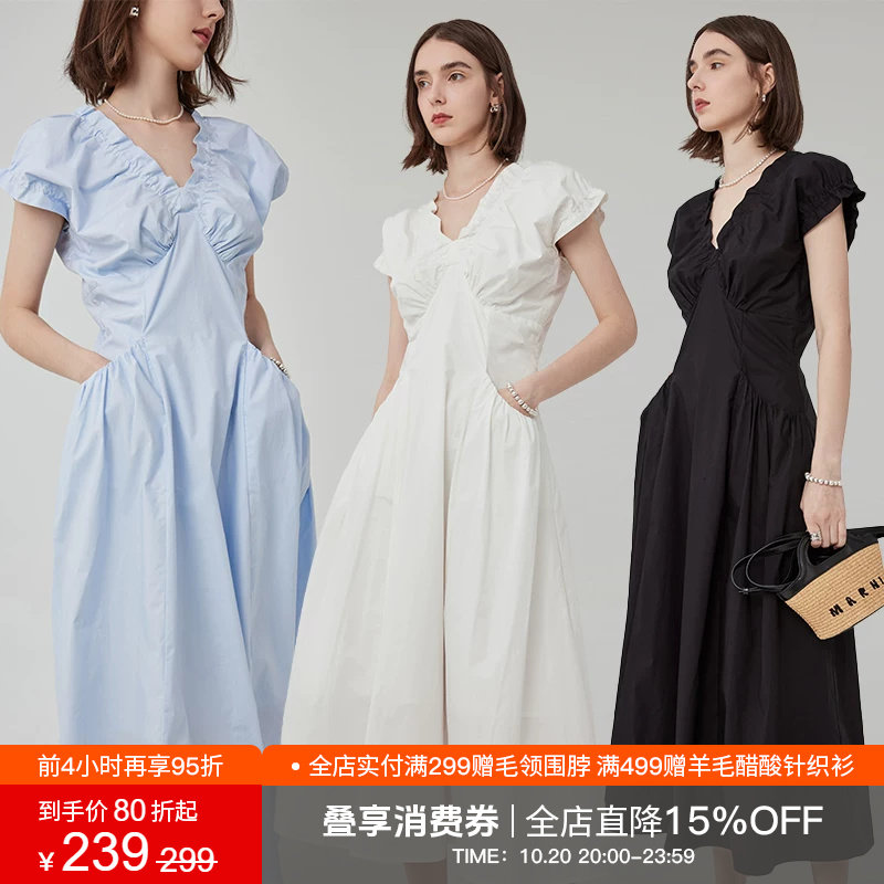 范洛法式V领连衣裙女设计感2026夏季新款褶皱插袋收腰泡泡袖裙子