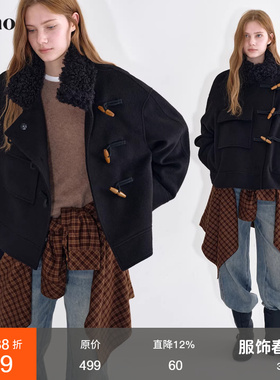 范洛Fano 温暖设计感毛毛领拼接撞色木质扣羊毛混纺面料呢外套女