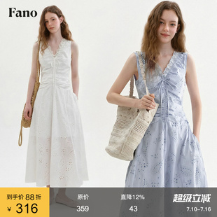 范洛Fano 清新氧气感镂空抽褶连衣裙女2026夏新款V领蕾丝收腰长裙
