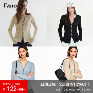 范洛Fano V领高级感格纹撞色T恤2026秋拼接镂空针织修身长袖上衣