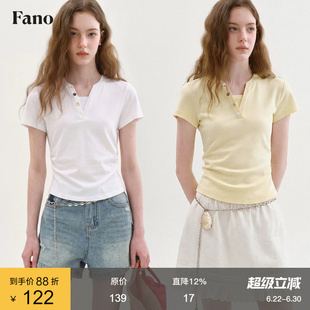 范洛Fano 复古撞色异形扣T恤女2026夏季新款亨利领抽皱收腰上衣