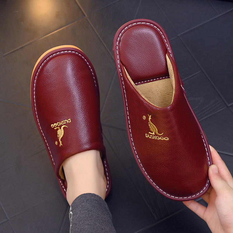 真皮棉拖鞋女秋冬居家室内厚底防水防滑冬天加绒保暖牛皮面拖鞋男