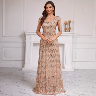 跨境新款礼服裙女优雅流苏亮片晚礼服金色礼裙包邮formal dress