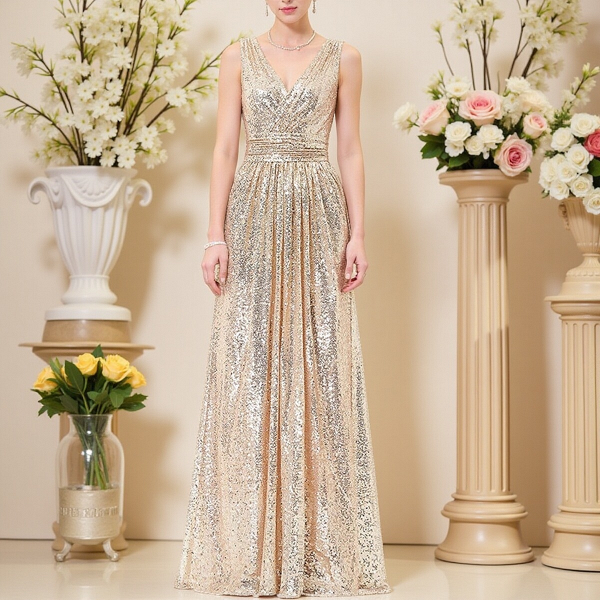 亮片优雅晚礼服V领名媛长裙