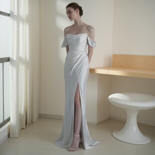 鱼尾轻婚纱缎面2024新款小个子新娘修身气质迎宾出门纱一字肩礼服