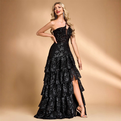 欧美跨境优雅斜肩气质酒会晚宴礼服奢华开叉伴娘毕业礼服蛋糕裙