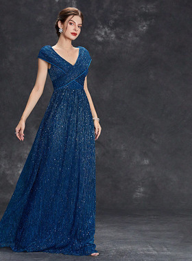 晚礼服新款深V领亮片伴娘礼服无袖超长晚礼服舞会礼服夏