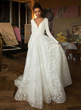 wedding dress欧美亚马逊速卖通wish气质婚纱v领美观长款优雅简约