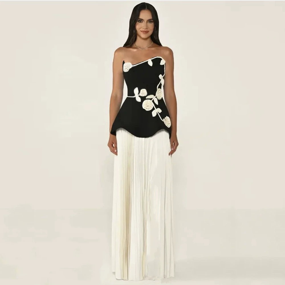 欧美时尚花朵绷带连衣裙气质优雅抹胸假两件套晚礼服跨境亚马逊女