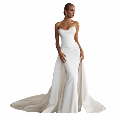 抹胸两穿开叉缎面鱼尾婚纱礼服