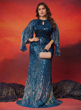 欧美大码肥婆装弹力渐变珠片圆领长袖开叉袖气质酒会晚宴礼服裙