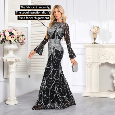 跨境欧美新款修身长袖亮片气质修身晚礼服连衣裙formal dress