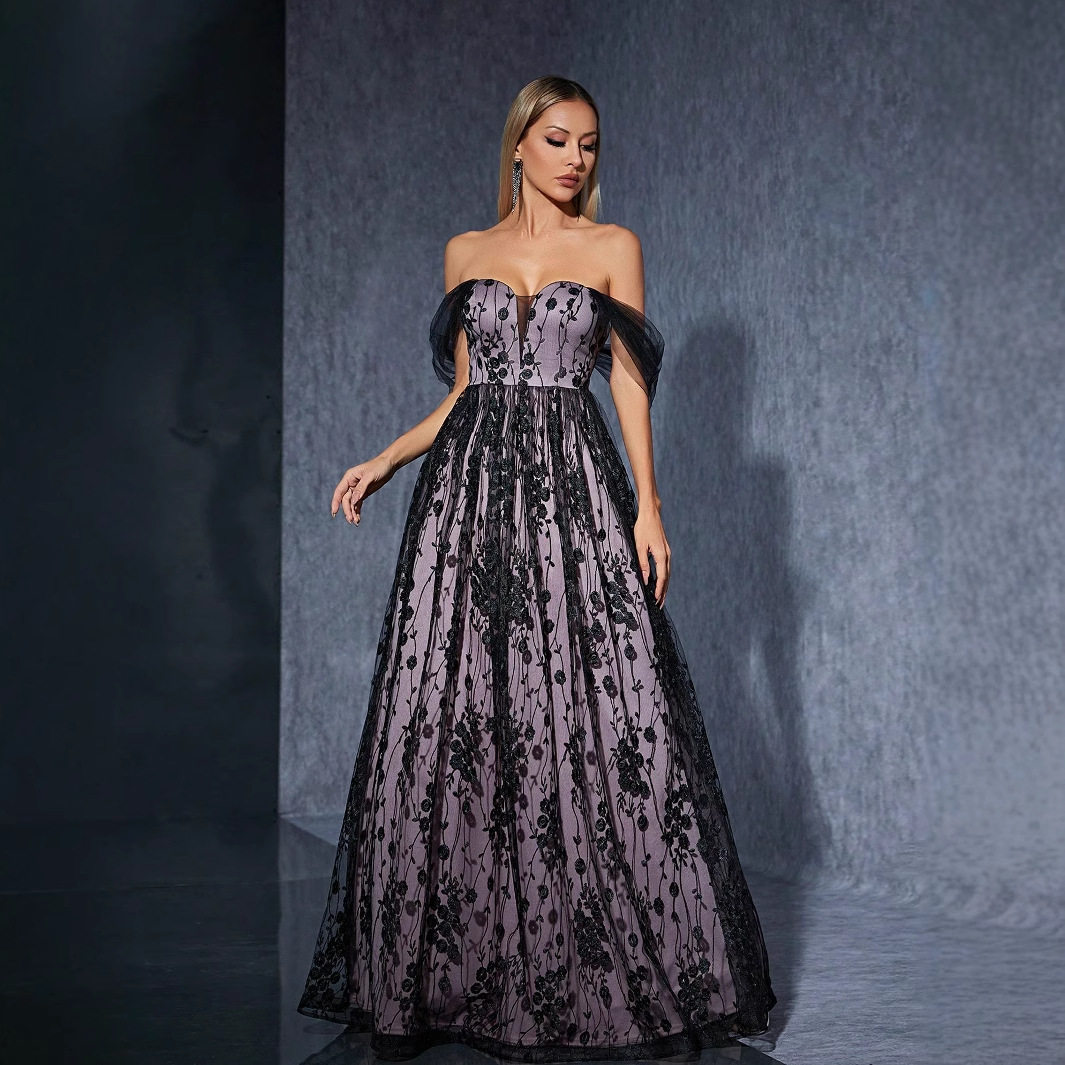 跨境2025新款一字肩大裙摆修身礼服裙端庄大气宴会舞会晚礼服