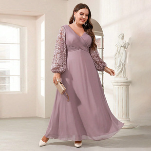 亚马逊欧美大码新款绸缎V领长袖连衣裙修身长裙珠片宴会晚礼服女